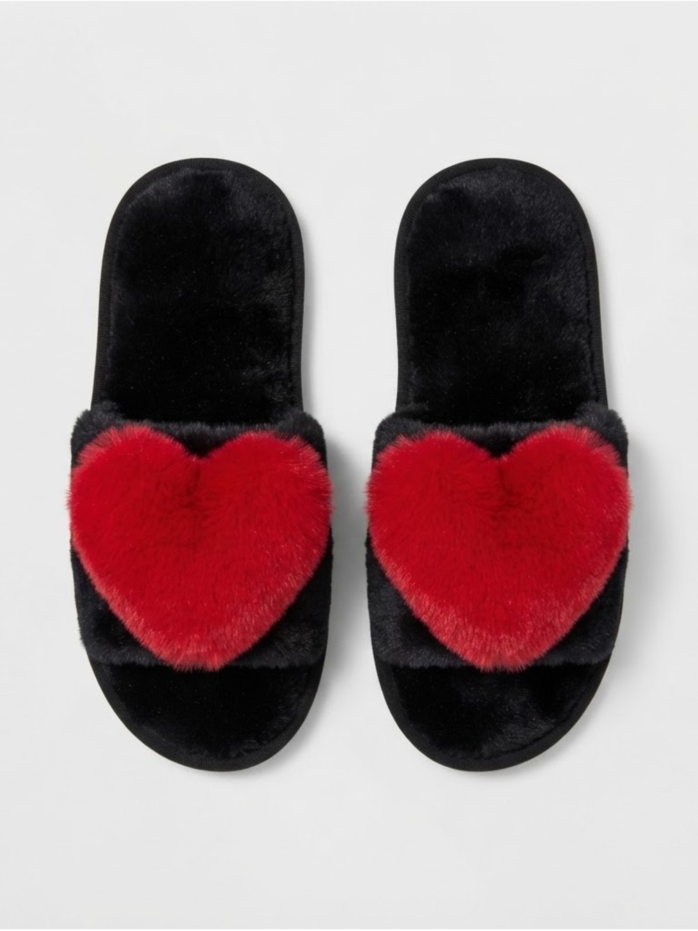 Plush Heart Slide Slippers Black with Red Heart, Black/Red, US 7.5-8